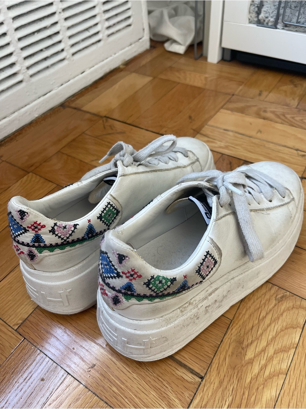 Ash White Leather Platform Sneakers with Multicolor Embroidered Heel